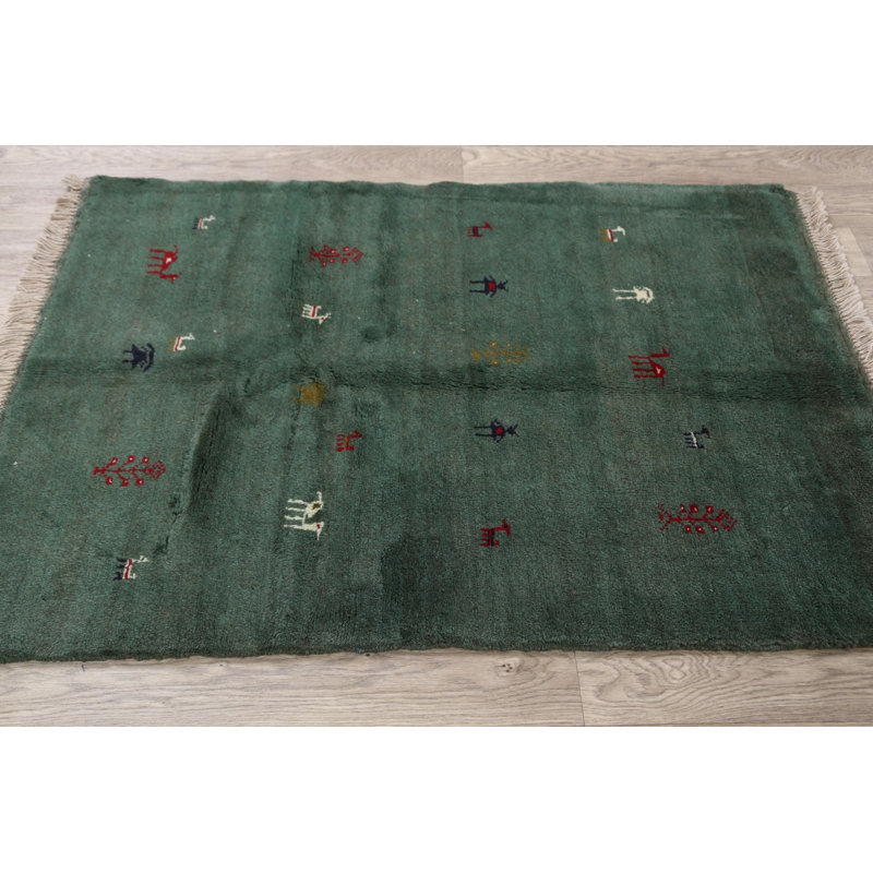 Tapis de zone en laine vert 3 pi 4 po x 4 pi 10 po one-of-kind-noué la main gabbeh