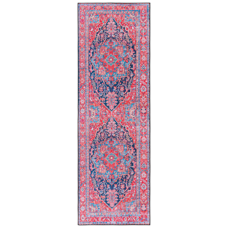 Tucson Vintage Look Machine Washable Non-Slip Area Rug in Red, Pink & Blue, Runner 76 x 244 cm