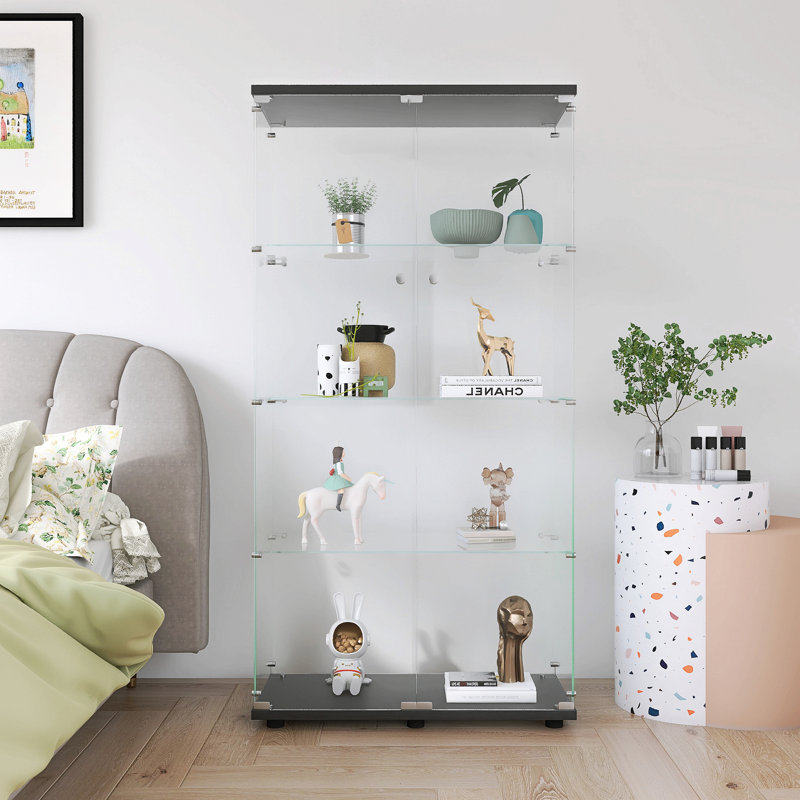 Vitrine à deux portes avec 4 tablettes vitrées et porte pour la bibliothèque de salon
