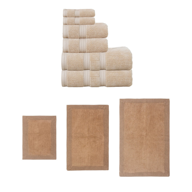 Buariki Collection 100% Soft Cotton 6 Pc Towel Set & Bath Rug Set, Reversible, Linen