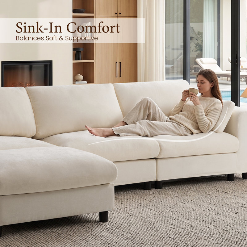 Canapé d'angle modulaire de 292 cm de profondeur avec pouf de rangement, canapé d'angle confortable en forme de nuage 4 pièces