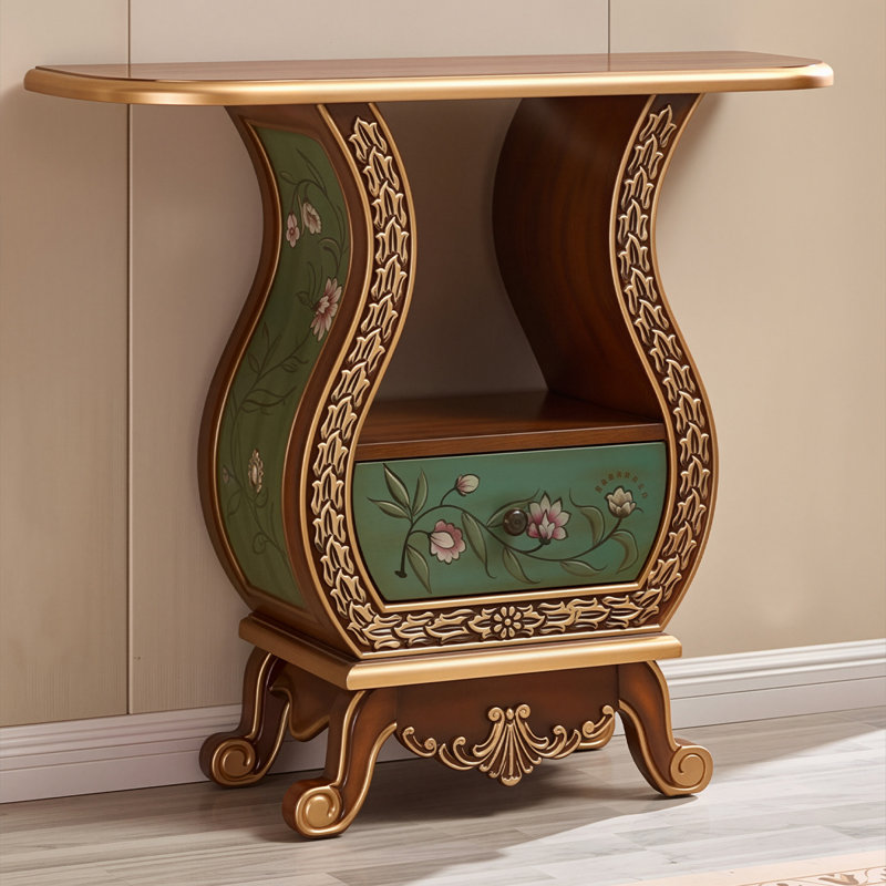 Console 35,43 po en bois massif sculpté et peint à la main