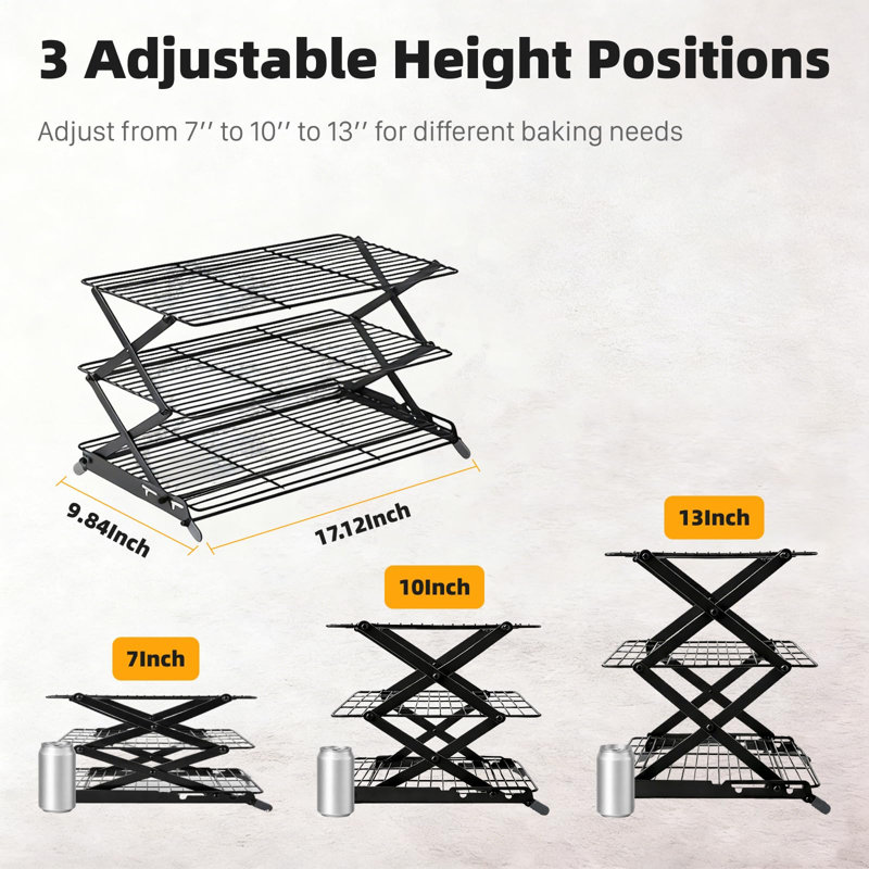 Grille de refroidissement pliable à 3 niveaux - Grille de cuisson réglable et empilable avec conception en X stable, grilles de refroidissement peu encombrantes pour la cuisson, la cuisson des biscuits, les gâteaux, le rôtissage et le séchage (noir)