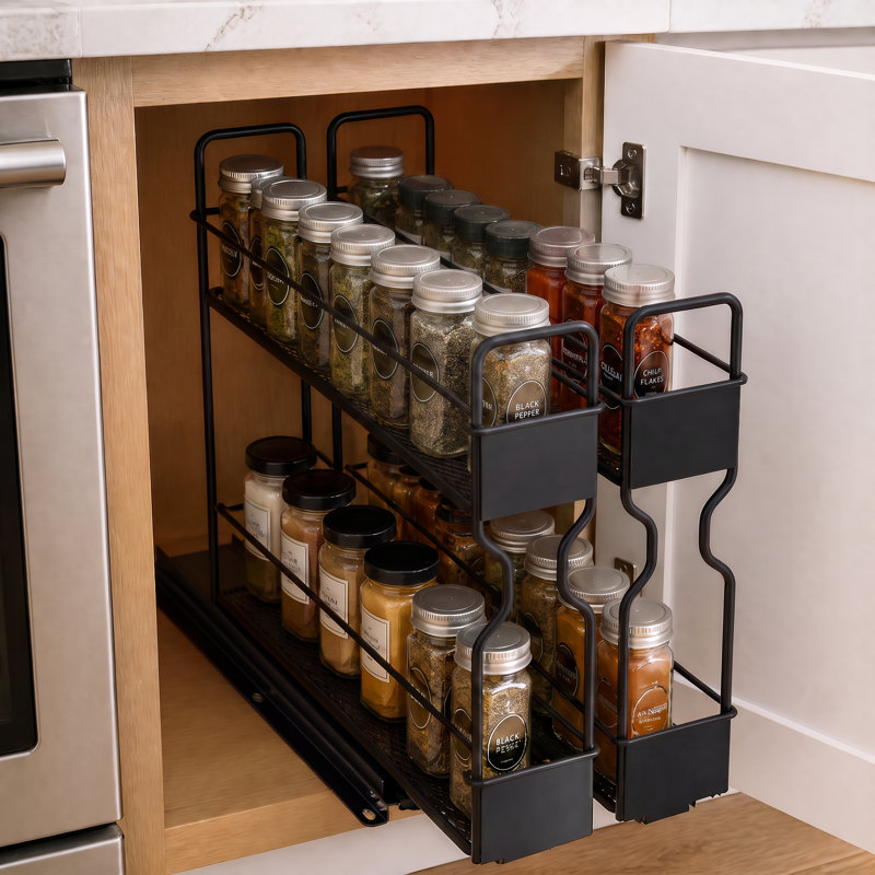Étagère à épices coulissante à 2 niveaux pour armoire, organisateur d'assaisonnements coulissant robuste avec étiquettes, 2 tiroirs