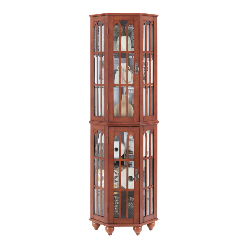 And Glass Corner Curio Cabinet With Lighting 4 Adjustable Shelves Shelves, Solid Wood + , Walnut Finish, Walnut