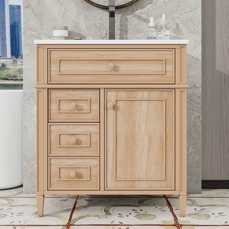 Meuble-lavabo en bois 30 po avec lavabo, tiroirs, tablette et porte, 30", Bois clair