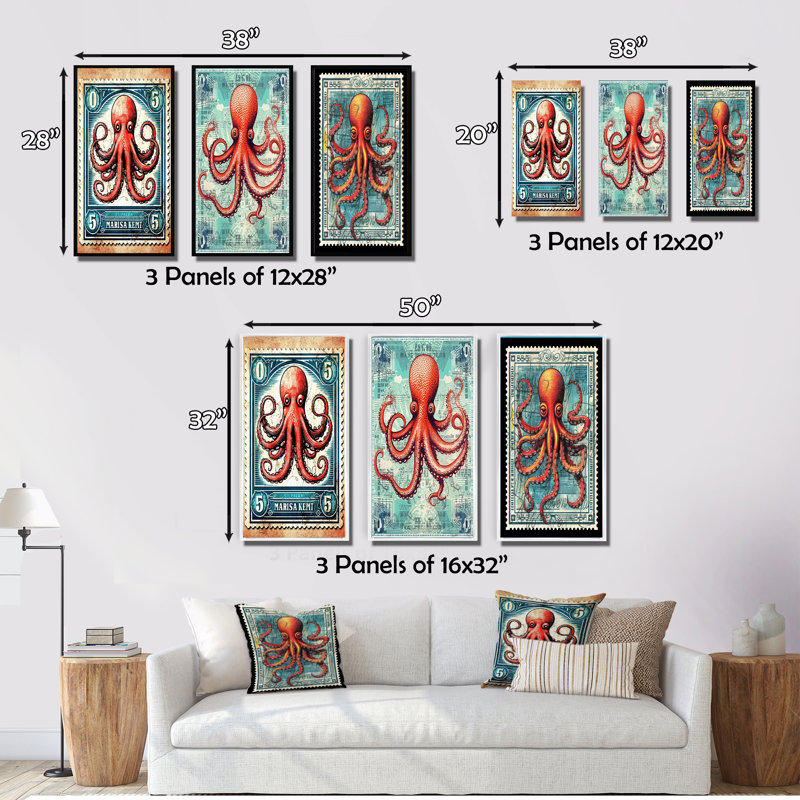 «Retro Stamp Portrait Of Red Octopus», 3 pièces sur toile, H 40 po x l 60 po, Cadre flottant doré