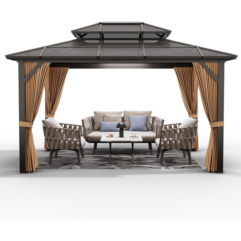 10' Hardtop Gazebo, Outdoor Polycarbonate Double Roof Canopy With Aluminum Frame, Curtains And Netting, Brown