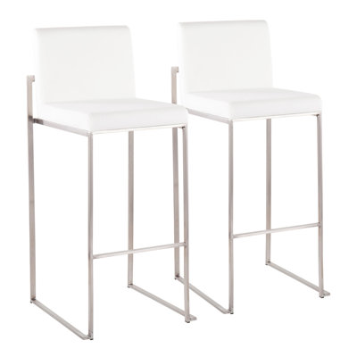 Contemporary High Back Barstool In Stainless Steel And White Velvet  - Set Of 2