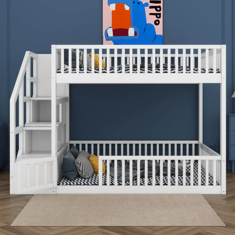 Lit superposé au sol avec escalier de rangement et garde-corps, lit superposé en bois pour enfants, adolescents, adultes