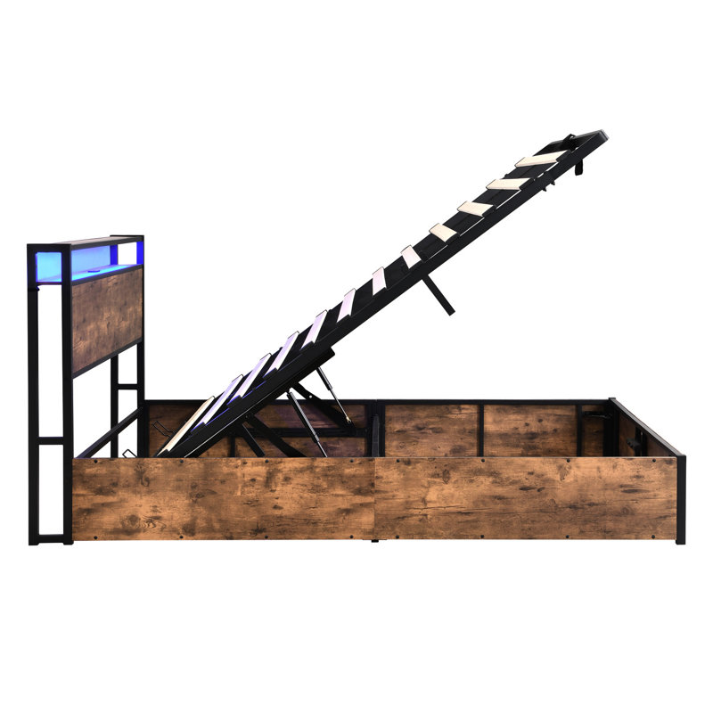 Grand lit avec rangement, lumières à DEL, tête de lit bibliothèque, brun rustique pour la taille, station de charge et tête de lit
