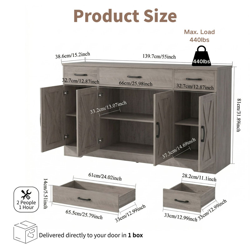 Buffet 55 po avec 3 tiroirs et tablettes réglables, armoire de rangement grise pour café, gris, Gris