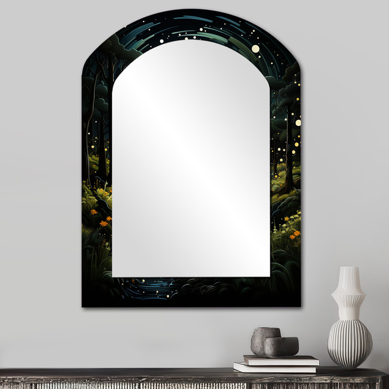 «Forest Enchanted Forest Pointillism III», miroir décoratif à arche de forêt, miroir mural asymétrique vert, 34 po x 25 po