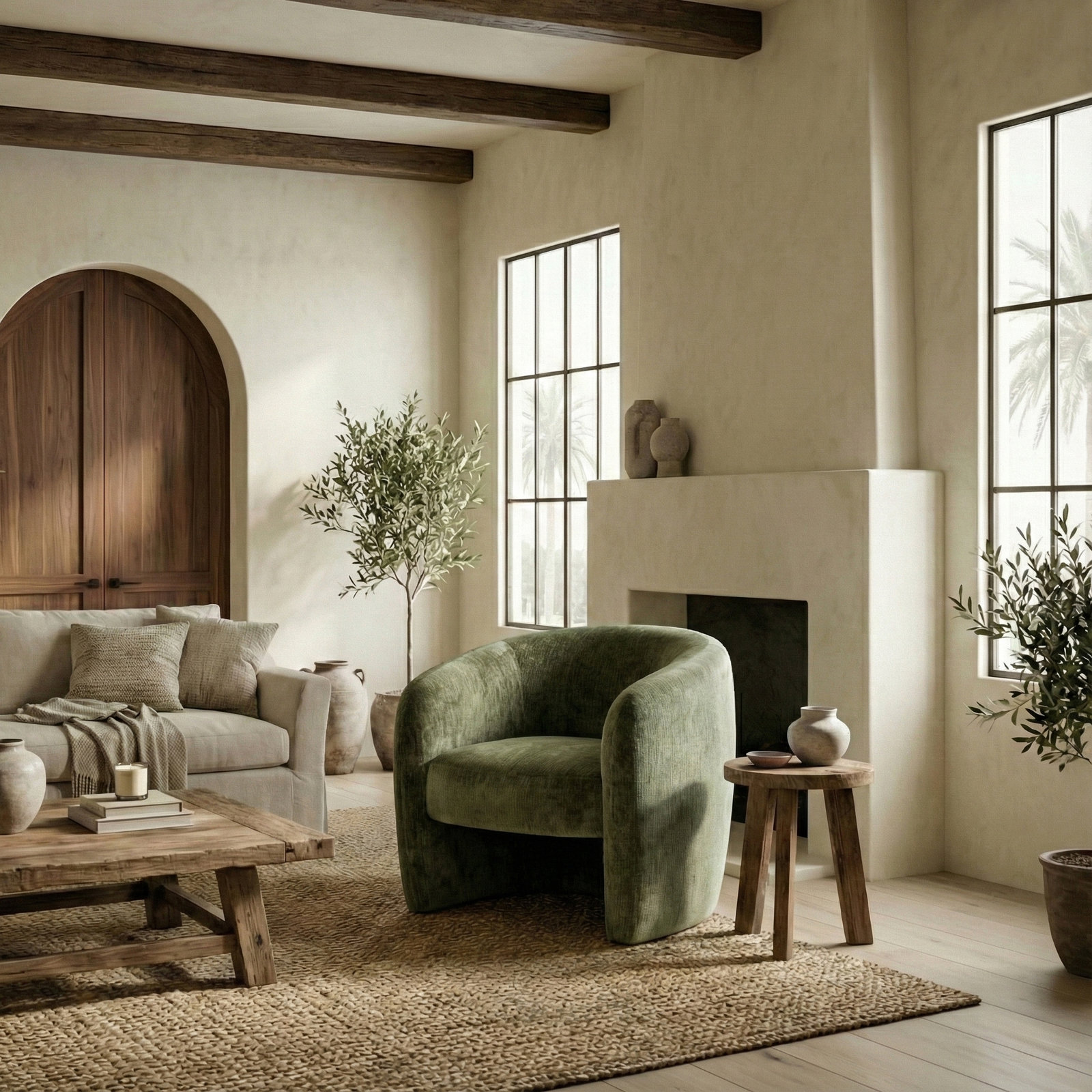 Solace Pine Barrel Chair, Olive Green Chenille