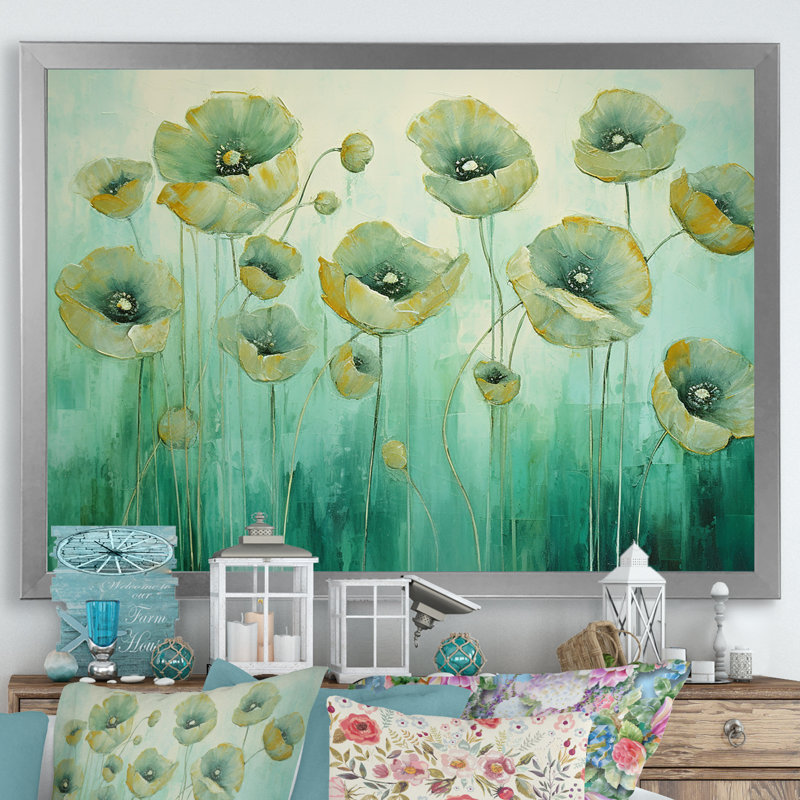 «Jade Joy Whispers Of Poppies I», reproduction sur toile, Cadre simple argenté, H 30 po x l 40 po x P 1,5 po