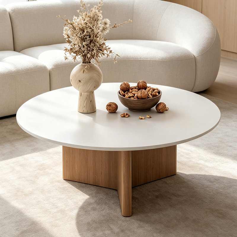 Table basse simple ronde décontractée en ardoise, 14.96" H x 27.55" W x 27.55" D, Flat, Plateau blanc / base brun noisette