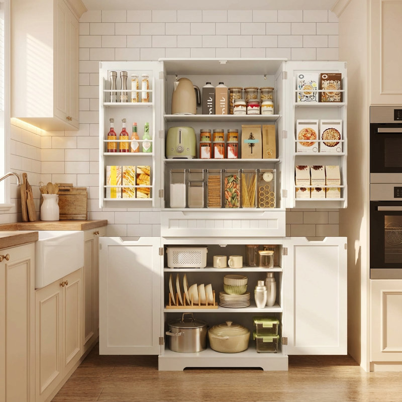  Nahid 71" H Freestanding Kitchen Pantry Cabinet with 4 Doors, 1 Drawer, and Adjustable Shelves，Anti-Tip Design, White