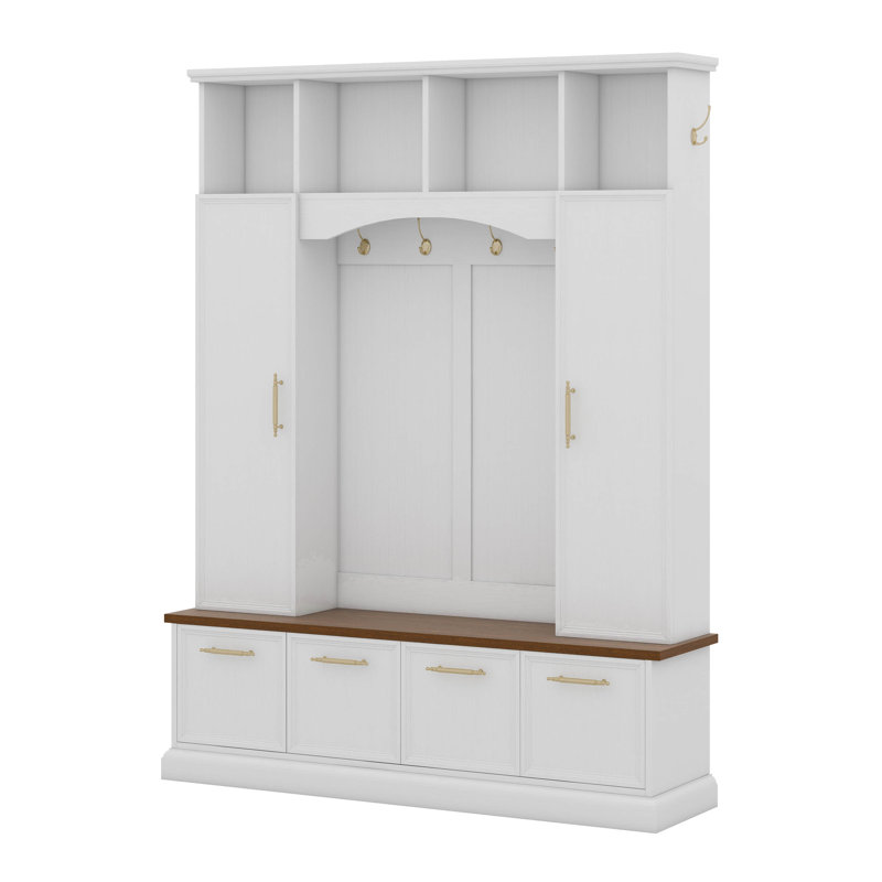 Hall Tree With Golden Hooks And Handles, Practical Entryway Walnut Bench With Adjustable Shelves, Farmhouse Wooden Style Coat And Shoe Rack