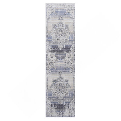 2'x8' Cream Blue Medallion Pattern Runner Rug