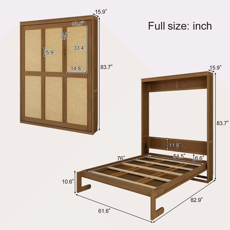 Armoire de lit en bois massif avec rotin Murphy, Noyer, Lit double
