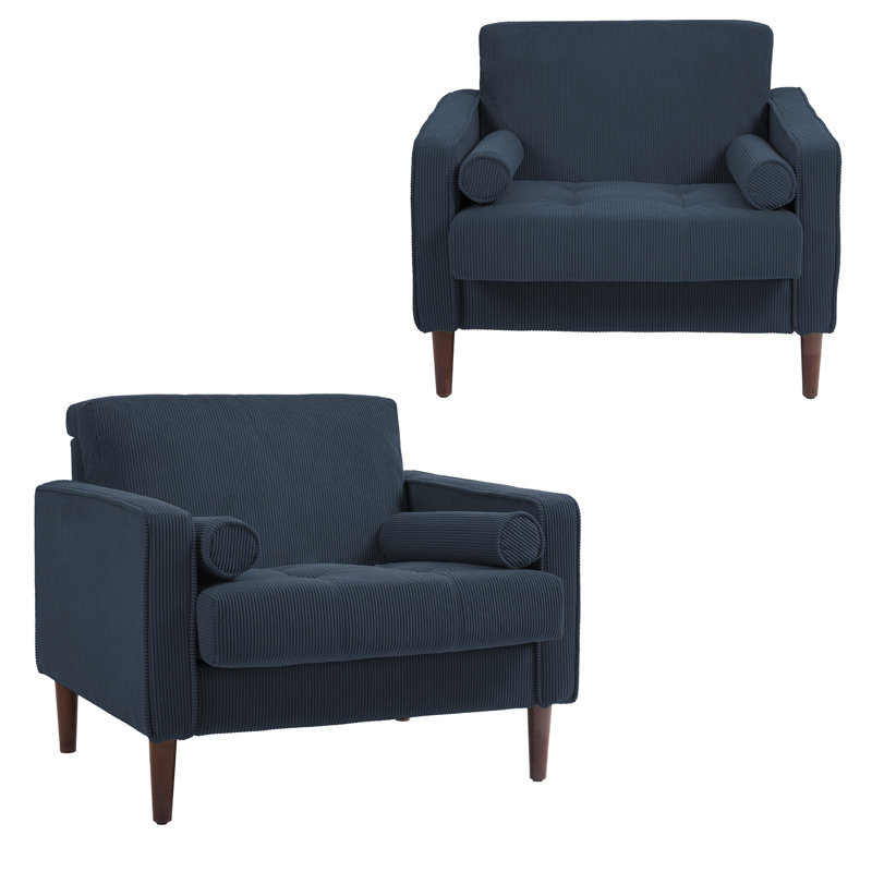 Iliana 34.6'' Wide Square Arm Tufted Club Chair with 2 Pillows, Navy Blue Corduroy