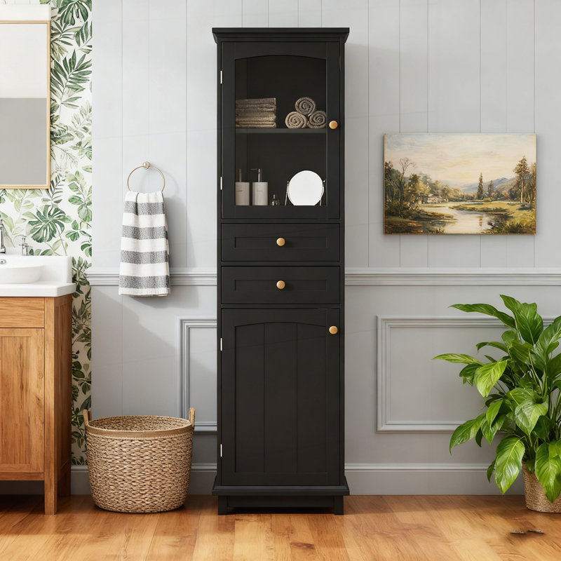 63-Inch Tall Bransford Cabinet With Glass Doors, Adjustable Shelves, And Two Drawers For Elegant Display And Organization.