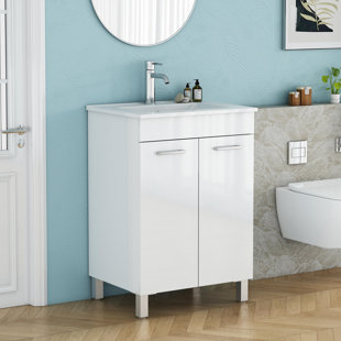 Ensemble de meuble-lavabo avec lavabo, portes doubles avec charnières à fermeture en douceur, armoire de salle de bain avec tablette ajustable, poignée en métal, lavabo en céramique, pieds argent réglables, blanc brillant