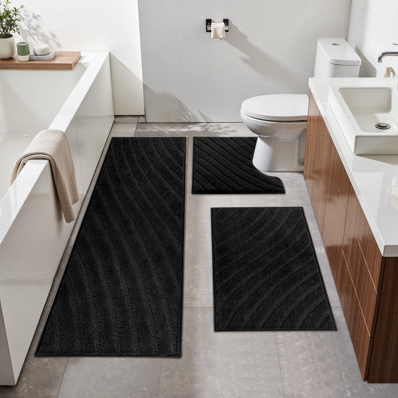 Absorbent Non-Slip Bathroom Mats (Set of 3), Black