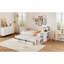 Lit plateforme simple en bois multifonctionnel avec bureau et tablette de rangement au bout du lit, lit gigogne intégré et 3 tiroirs-1113583556