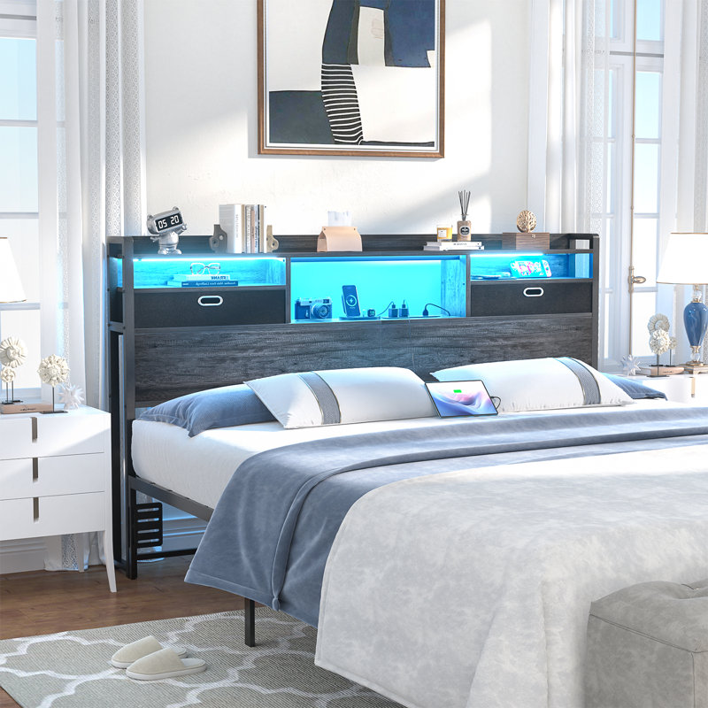 Storage Headboards With Cloth Darwers,Outlets,USB Ports And LED Lights, Gray, Queen