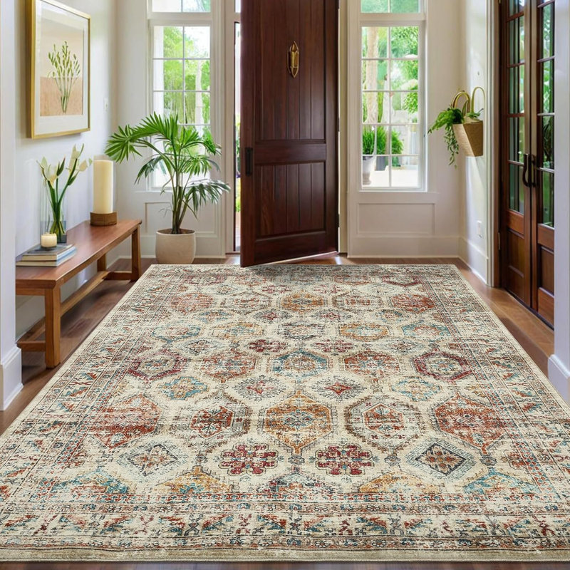 Vintage Distressed 8x10 Living Room Rug Washable Easy Cleaning Non-Slip Ultra-Thin Stain-Resistant Throw Carpet Bedroom Office Playroom Multi