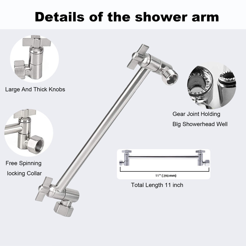 Rainfall Shower Head With 11" Adjustable Arm – High-Pressure Stainless Steel Rain Shower, Ultra-Thin Design (12-Inch)