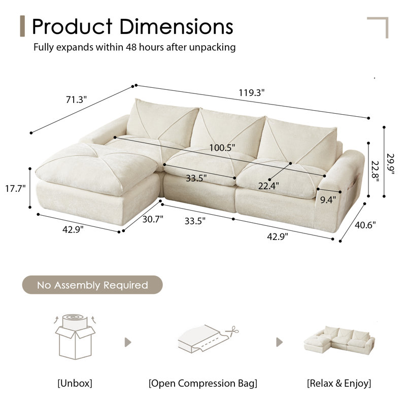 Boneless Modular Cloud Sectional Couches For Living Room, Oversized Compression Chenille Cloud Sofa, Beige Chenille