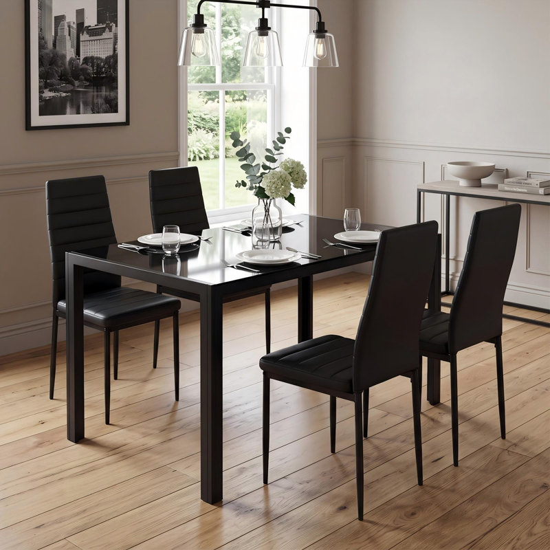 Ensemble de table et chaises de salle à manger 5 pièces pour 4 personnes, en verre trempé, 120 x 70 x 75 cm, verre et métal, noir.