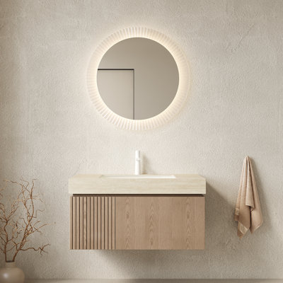 Meuble-lavabo de salle de bain 36 po Muri, meuble de rangement flottant en contreplaqué avec tiroir et porte, comptoir en pierre frittée en travertin Roma et lavabo en céramique avec 1 trou de robinet pré-percé, pré-assemblé, grain de bois Heidelberg