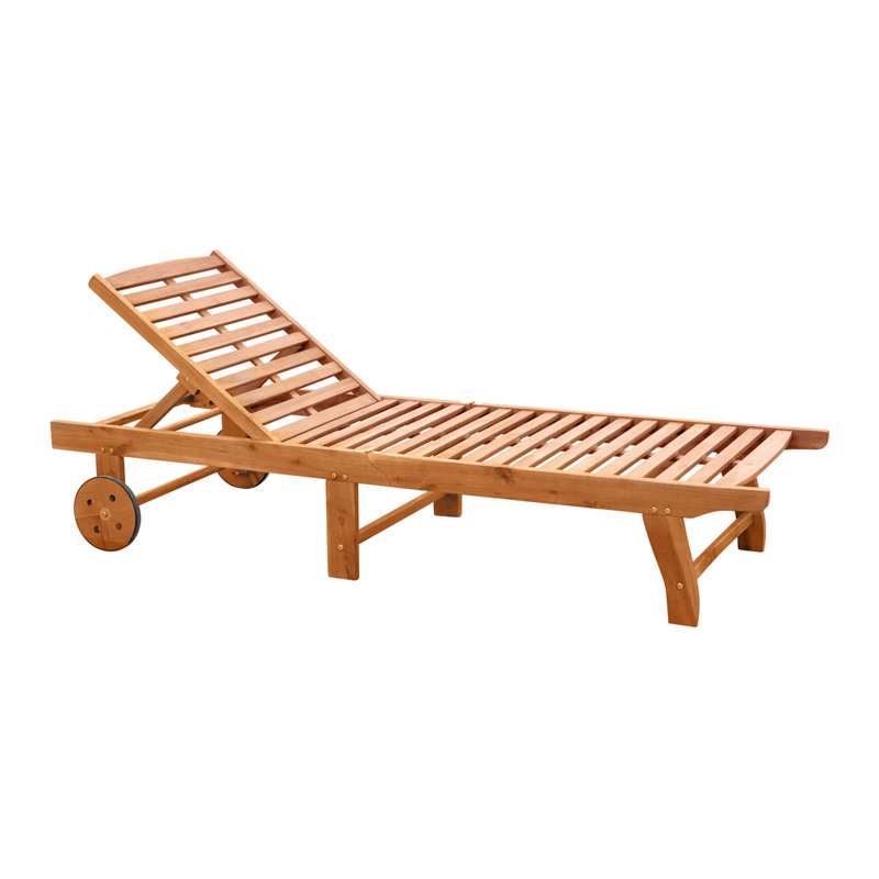 Outdoor Folding Chaise Lounge Chair Recliner With Wheels, Acacia Wood Frame - Teak Color