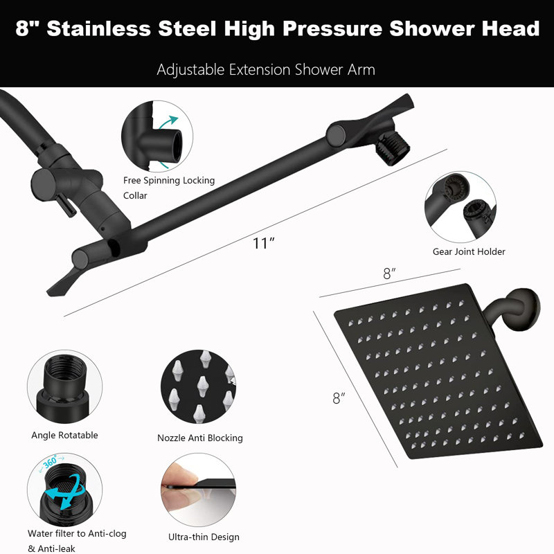 High-Pressure Shower Head Set – Rainfall & Handheld Combo With 11" Adjustable Extension Arm, 9-Spray Settings, Leak-Proof Design