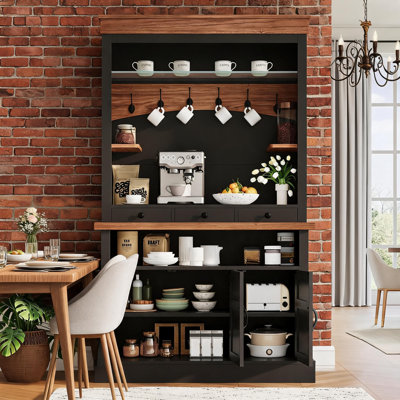 Buffet 72 pouces de hauteur avec rangement et lumière DEL, armoire buffet avec support pour micro-ondes / tablette en verre / 6 crochets / 3 tiroirs pour la cuisine, salle à manger - noir