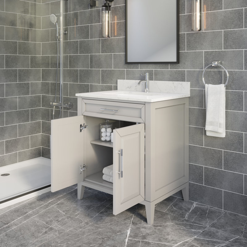Meuble-lavabo simple en bois massif l 30 po x P 22 po avec plateau en pierre reconstituée, tiroir et lavabo encastré en céramique Jackson (gris chaud) Jackson
