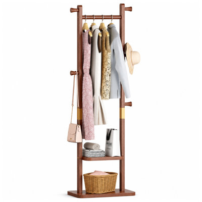 Wooden Freestanding Coat Rack with Lockable Wheels, 71.2In Vertical Garment Rack with Gold Metal Top Hook Bar, 2 Tier Storage Shelves and Side Hooks, Rolling Clothes Stand for Small Apartments