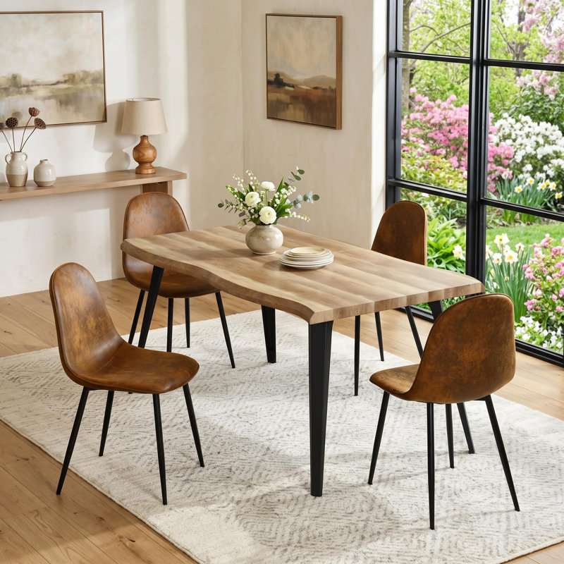 Shivani 5-Piece Modern Dining Set With Rectangular Wood Grain Table And 4 Upholstered Dining Chairs, Walnut, Brown