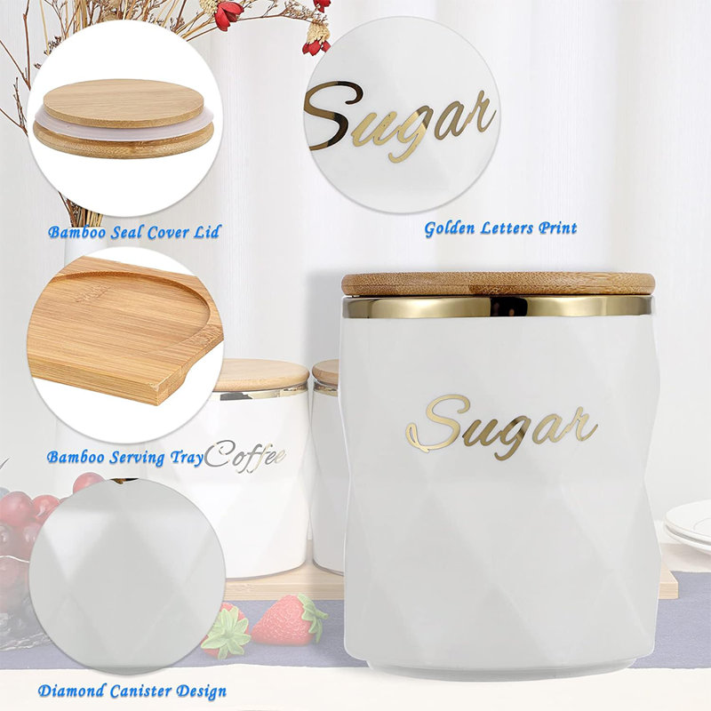 White Ceramic Honeycomb Canister Set with Bamboo Lids, 3 Piece