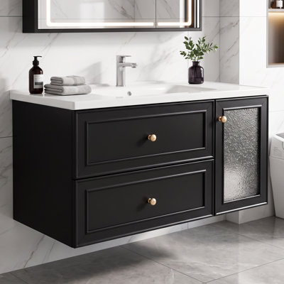 36" Wall-Mounted Floating Bathroom Vanity with Ceramic Sink, Faucet, 2 Soft-Close Drawers & Textured Glass Side Cabinet