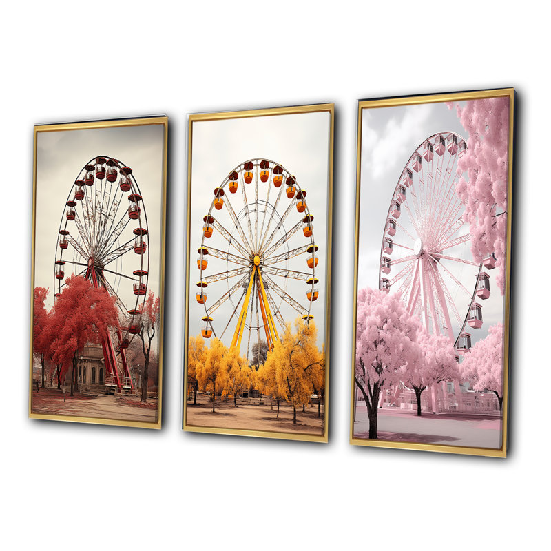 «Red Ferris Wheel Whirling Memories», 3 pièces sur toile, Encadrement doré, H 32 po x l 48 po