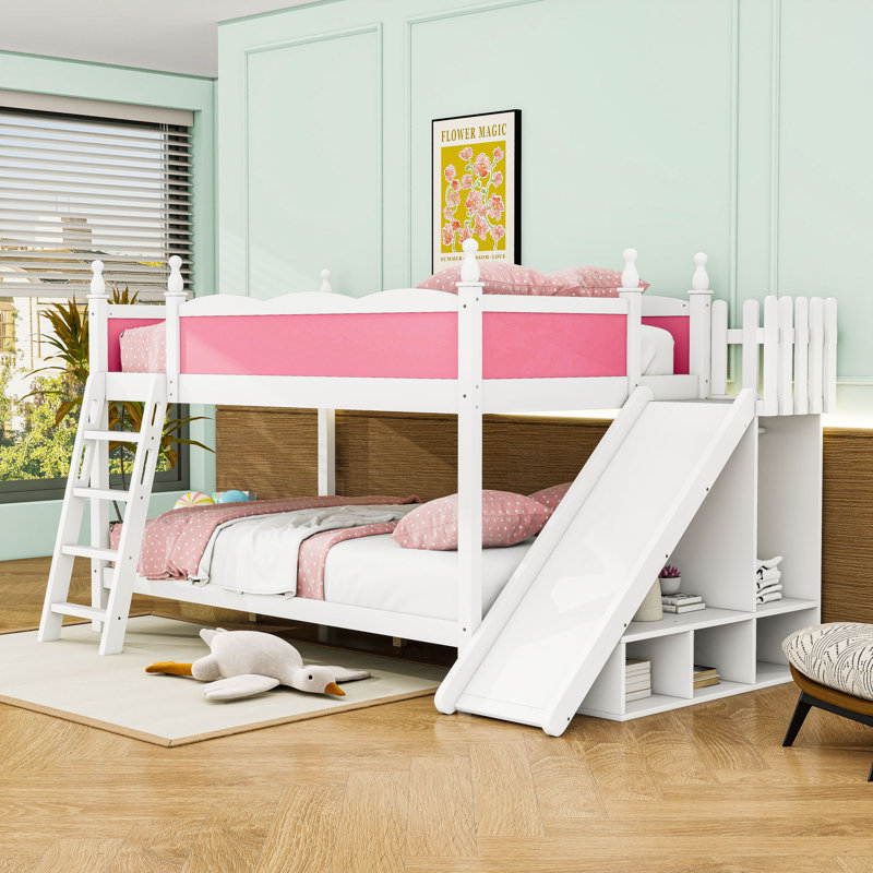 Lit superposé double en bois avec glissière, échelles et tablettes intégrées, Pink White