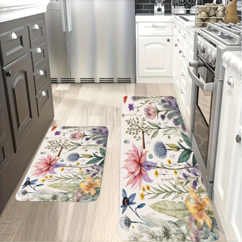 Colorful Wildflower, Kitchen Mats Set Of 2, Pink Floral