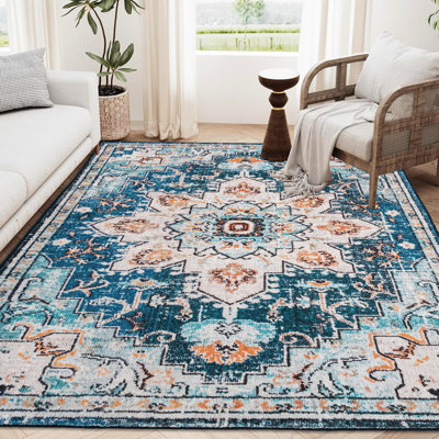 Tapis lavable antidérapant 8 x 10, ornement rétro pour parasol de chambre à coucher, tapis fleur bleue / dorée 8 x 10, cuisine du salon, texturé