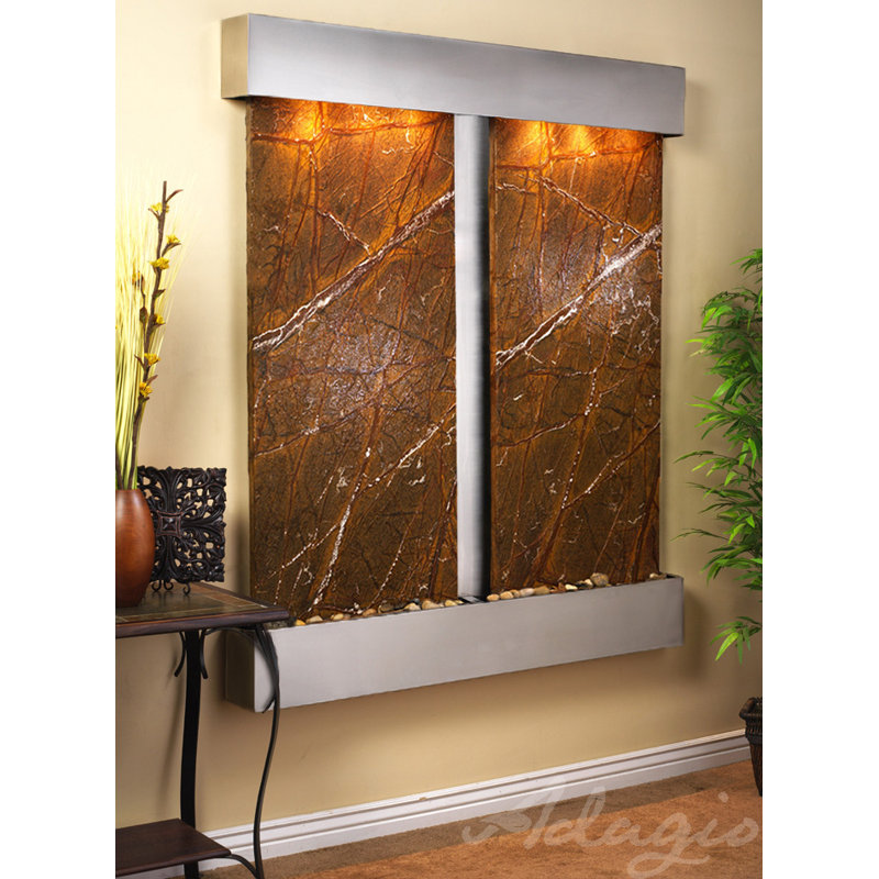 Cottonwood Falls Fountain with Light, Rainforest Brown Marble, Stainless Steel, Square