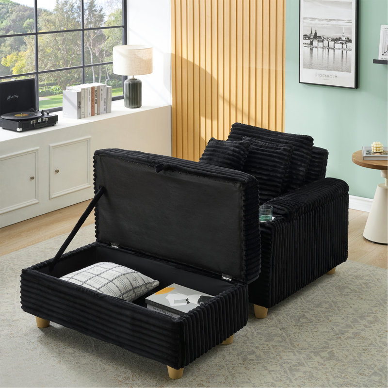Corduroy Single Sofa With One Pillow, Two Throw Pillows, A Footstool And Two Storage Spaces., Black
