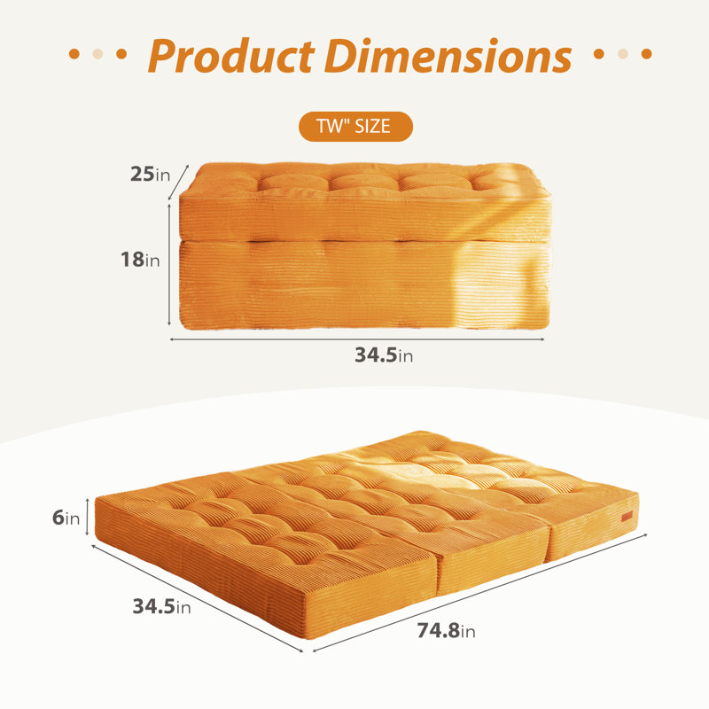 Tri-Fold Velours côtelé 6 po, Lit simple, Orange